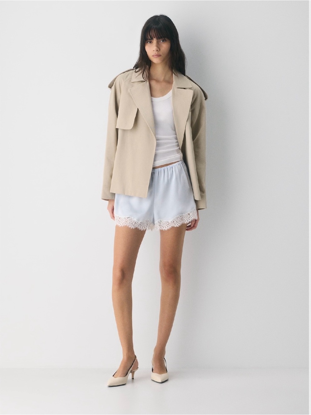 NWT Aritzia Wilfred Whimsy Satin Lace Shorts Glimmer Blue S - Picture 7 of 13